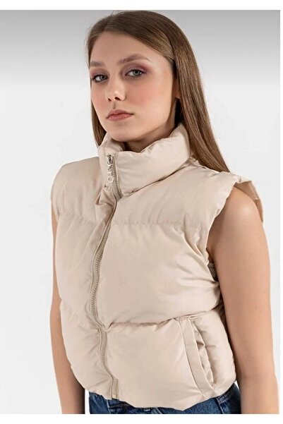 Be Best Women's Beige Color Sleeveless Short Puffer Vest Be161