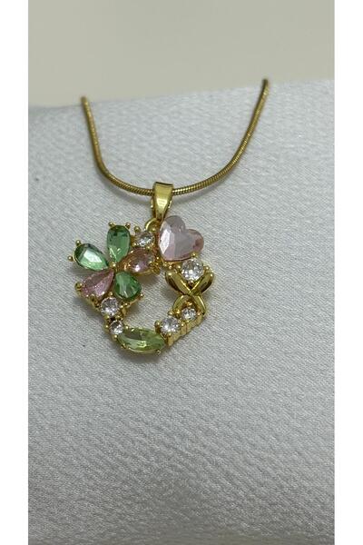 NİSA HOME Kadın Renkli Taşlı Kalp ve Yonca Tasarımlı Kadın Kolye | Gold ve Gü...