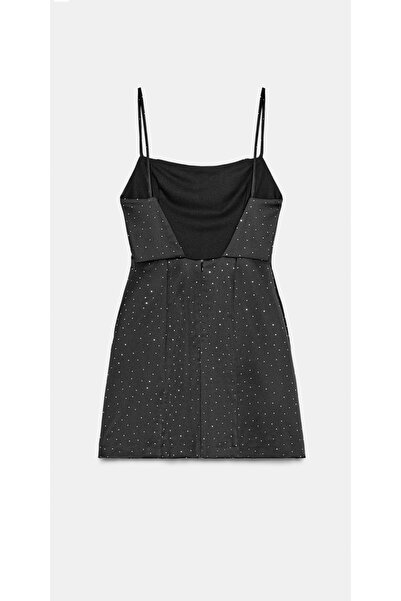 Lilly Celestial Taşlı Siyah Saten Mini Elbise