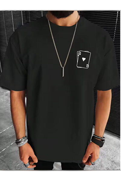 TİMİSİVA تي شيرت أسود بأكمام قصيرة وياقة دائرية من القطن مطبوع عليه ورق مقوى للجنسين