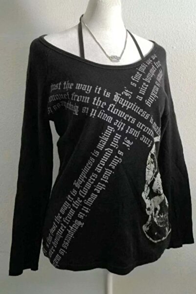 8line Siyah Gotik Skull Askılı Y2K Uzun Kollu Crop