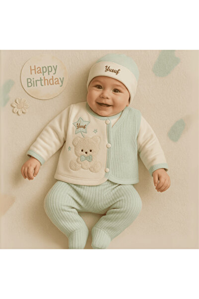 Tesbihane Peluş Ayıcıklı İsme Özel Nakışlı Yeşil Krem 10 lu Yenidoğan Hastane...