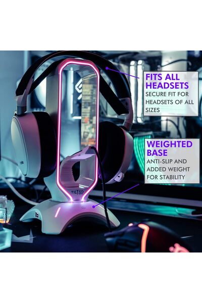 TILTED NATION RGB 3-in-1 Gaming Headset Stand with Mouse Cable Base and Dual USB 3.0 Ports - White