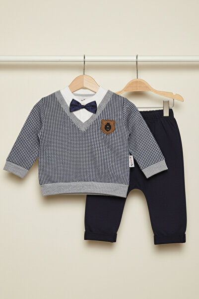 Lindakids Suprem Penye Kumaş % 100 Pamuk Papyonlu Erkek Bebek Takım 6-12-18 Ay