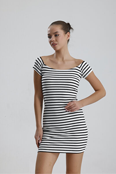 Sense Striped Viscose Elastane Mini Dress | Elb35857 Ribana Black and White Striped