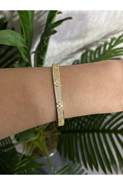 Byoz store 14k kaplam zirkon taşlı yonca kelepçe bileklik