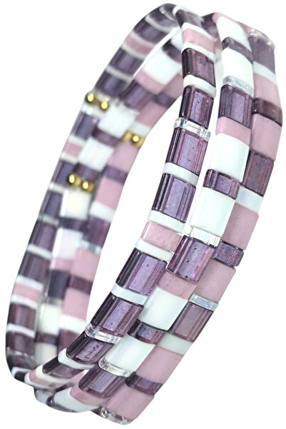 NAZLI TAKILAR مجموعة من 3 أساور مصنوعة يدويًا من الخرز الزجاجي المطاطي من ميو...