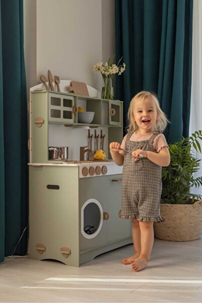 HOBBY HOUSE Ihlamur Yeşili Montessori Ahşap Mutfak Seti Led ve 9 Parça Servis Seti Hediyeli