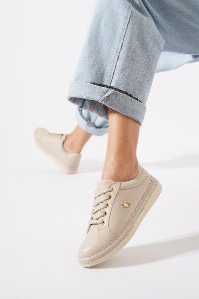 Moda Pie Mosen Vardola Tabanlı Kadın Spor Ayakkabı Bej Cilt