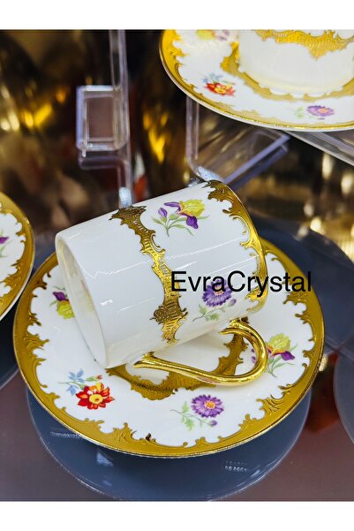 EVRA Kosova 6 Kişilik Çiçekli Yeni Seri Porselen Yaldızlı Fincan Takımı