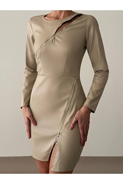 hipnoz butik KADIN FERMUARLI DERİ MİNİ ELBİSE(ORİJİNAL GÖRSEL)