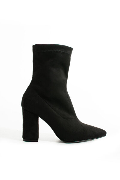 nuvilo 8.5 cm siyah suet streç kalın topuklu sivri burun kadın botu