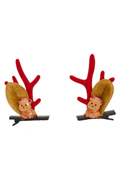 OEM Set 2 cleme cu coarne și urechi de ren, design de Crăciun cu ursuleț de pluș, roșu/maro