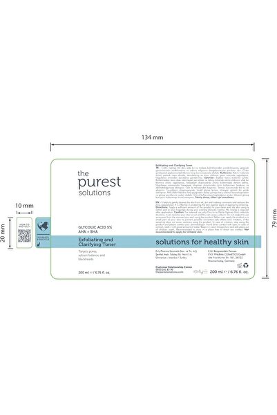 The Purest Solutions Exfoliating and Cleansing Toner (Glycolic Acid, 5% AHA + BHA) 200ml