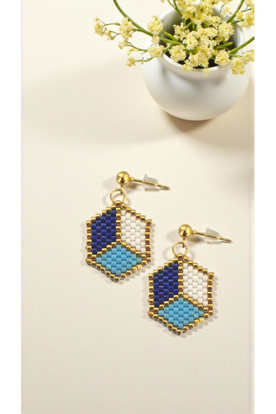 SEARD أقراط مييوكي مصنوعة يدويًا على شكل مكعب ذهبي باللون الأزرق الفاتح والأزرق الداكن