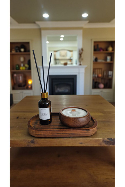 COCOS CANDLES Vanilya Mum&Koku Set-Ahşap Tabak Ahşap Fitil Bambu Oda Kokusu (...