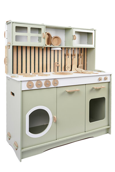 HOBBY HOUSE Ahşap Desenli Yeşil Montessori Ahşap Mutfak Seti Led Hediyeli