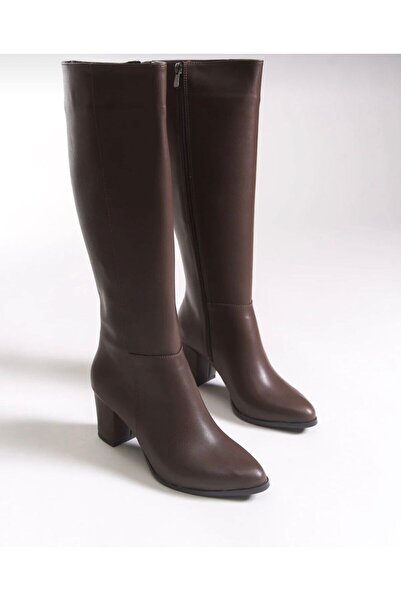 DS AYAKKABI Women's Bitter Brown Zippered Below-The-Knee Heeled Boots Brown 7 cm