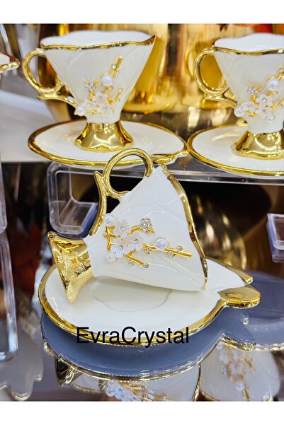 EVRA 6 Kişilik Yaldızlı İnci Taşlı Gold Fincan Takımı