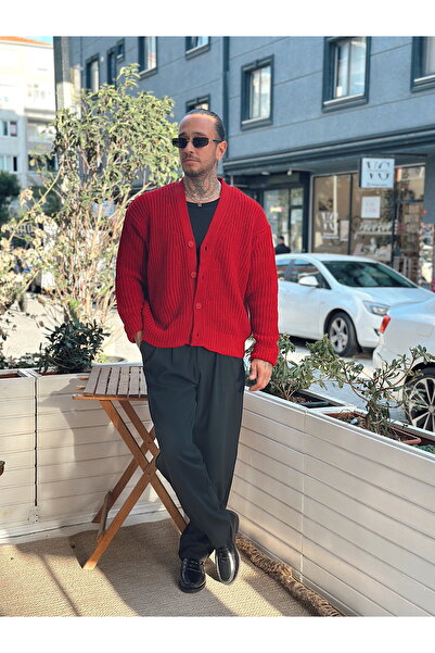 manch collection كارديجان محبوك كبير الحجم باللون الأحمر