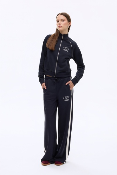 Quzu Women's Stripe Detailed Elastic Waist Trousers Pnt00760 Navy Blue