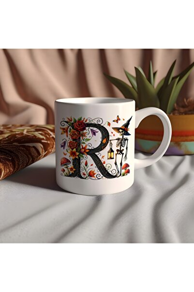 Beramussa كوب على شكل حرف R مع قبعة وهيكل عظمي وزهور - هدية خاصة للهالوين