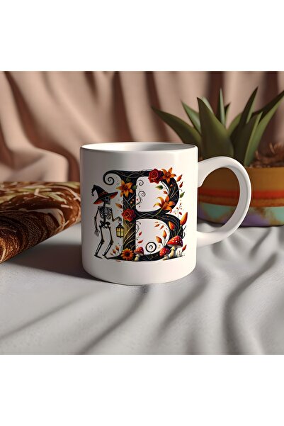 Beramussa كوب على شكل حرف B مع قبعة وهيكل عظمي وزهور - هدية خاصة للهالوين