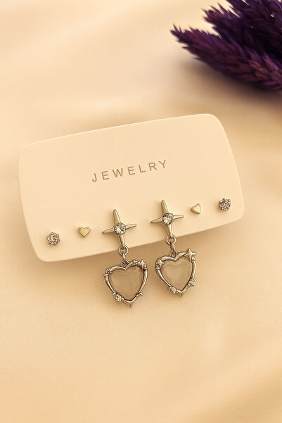 MakeWell 3-Piece Earring Set with Crescent Moon, Star, Heart, Whale Tail Designs and Solitaire and Pearl Earrings