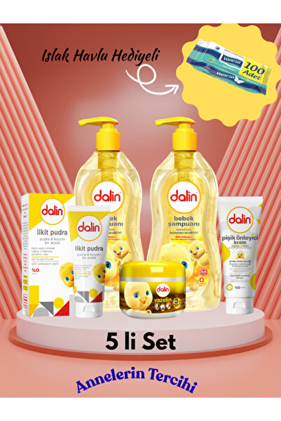 Dalin 2*700 ml Bebek Şampuanı+Likit Pudra+Pişik Kremi + Vazelin | Islak Havlu Hediyeli | 5’li Set