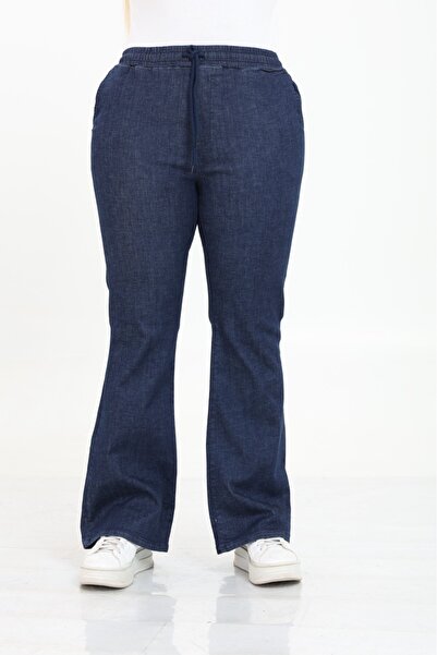 Era Lisa Beli Lastikli İspanyol Paça Likralı Rahat Kalıp Yüksek Bel Büyük Beden Kot Pantolon