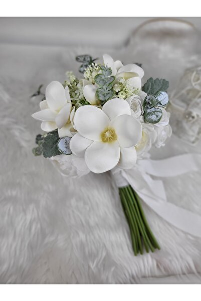 Buketlife Krem yeşil gelinbuketi gelinçiçeği ve yakaçiçeği