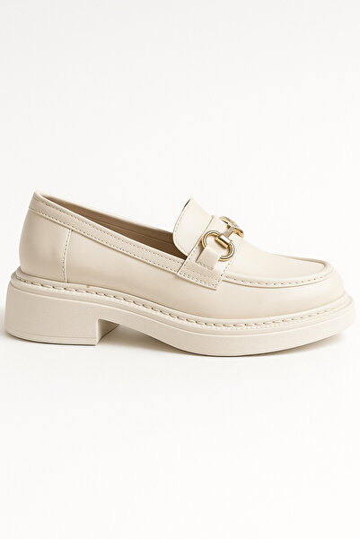Ekonomik Ayakkabı Kadın Tokalı Loafer – Krem, Kalın Taban Mokasen, Günlük Rahat Ayakkabı