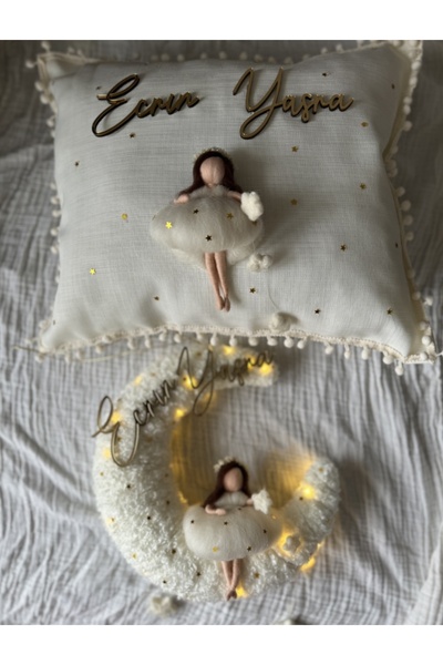 Tasarım Bebek kapı süsü takı yastığı set, keçe peri bebek, ay kapı süsü