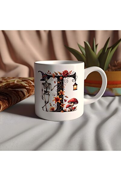 Beramussa Letter t Mug with Skeleton Figure and Flowers - Halloween Special Gift