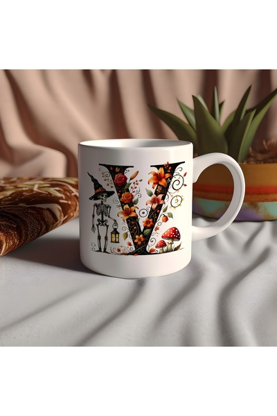 Beramussa Letter V Mug with Skeleton Figure and Flowers - Halloween Special Gift