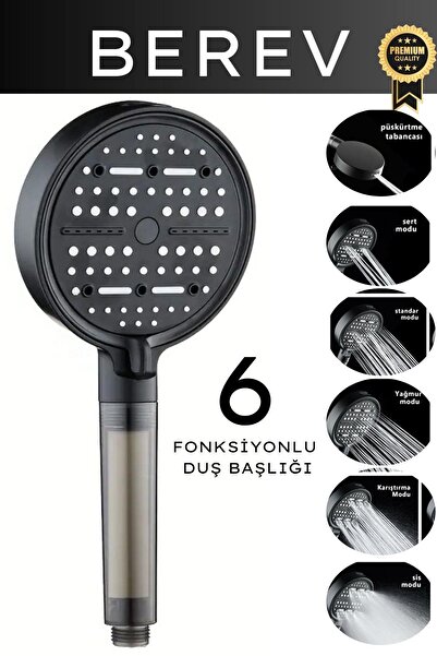 Berev 6 Fonksiyonlu Filtreli Duş Başlığı Su Tasarruflu Basınçlı Kireç Klor Önleyici