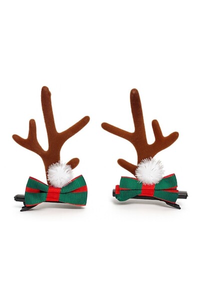 OEM Set 2 agrafe de păr cu coarne de ren, design de Crăciun, roșu/maro/verde