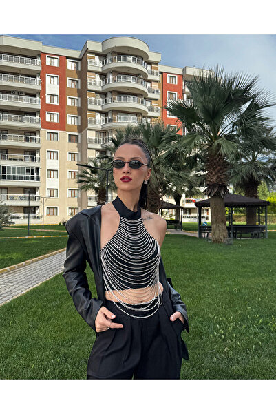 BIGPARTYWEAR Taşlı Drape Detaylı Siyah Büstiyer