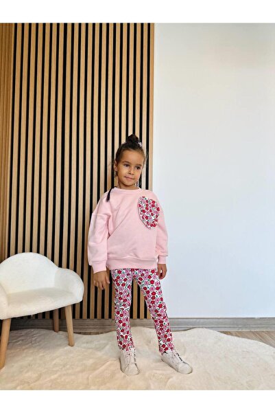 Magu Σετ κοριτσίστικο βαμβακερό φούτερ με σχέδιο καρδιάς και κολάν με λουλούδια