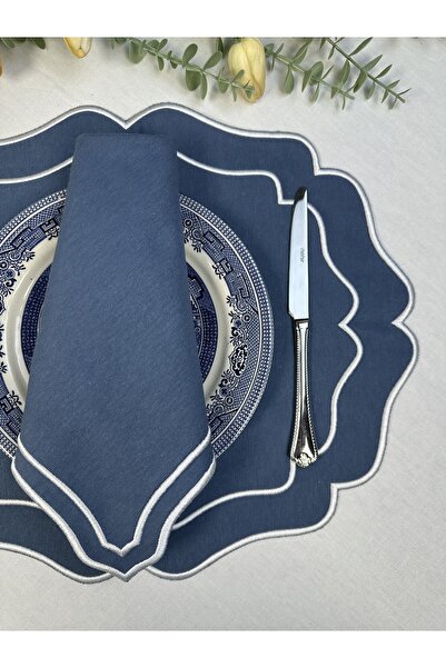 Table Alp Lüks Yemek Masası Takımı – 6 Adet Amerikan Servis + 6 Adet Peçete – Leke Tutmaz Kumaş Dolgun Nakışlı