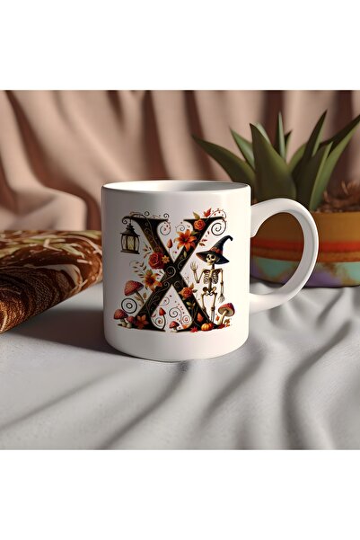 Beramussa كوب مع حرف X وقبعة وهيكل عظمي وزهور - هدية خاصة للهالوين