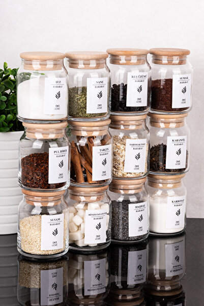 DNS HOME 12-Piece Glass Spice Jar Set with Wooden Vacuum Lid Spice Label Jar Set 300 ml