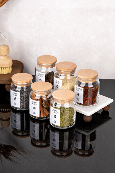 DNS HOME 6-Piece Glass Spice Jar Set with Wooden Vacuum Lid Spice Jar Set with Labels 300 ml