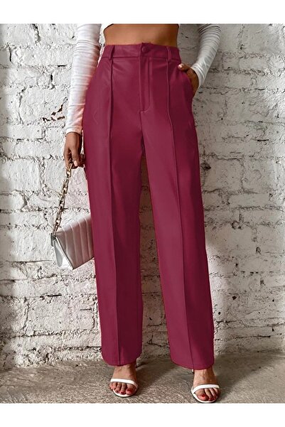 buğrahayalin Women's Wide Cut Lame Leather Trousers with Front Zipper Pockets