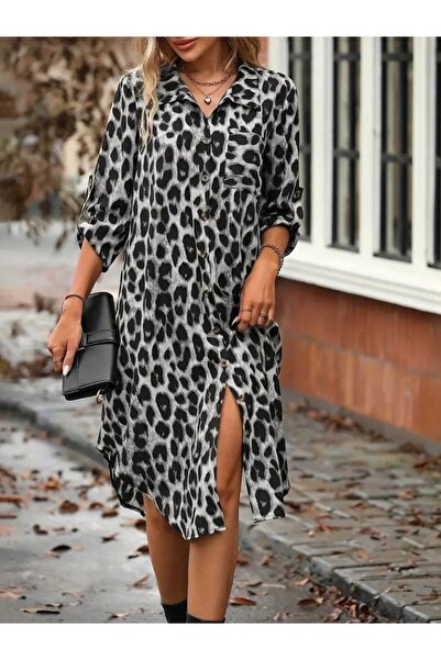 Meleners Women's Long Sleeve Collared Front Buttoned Leopard Print Modal Midi Dress