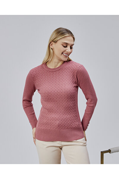 Jinx Wear Fashion Sıfır Yaka Saç Örgü Düğme Detaylı Kadın Trend Triko Kazak