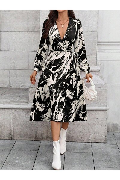 ARONA Eyesof Women's Long Sleeve Double-Breasted Collared Side Tie Patterned Mini Modal Dress