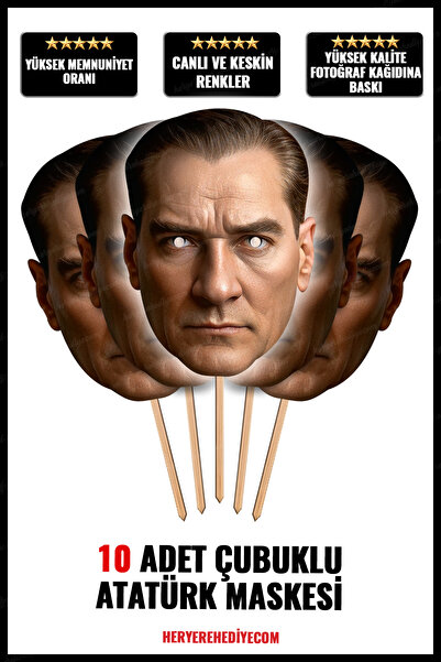 heryerehediye Çubuklu Atatürk karton yüz maskesi Kalın Kuşe Baskı (10 Adet)