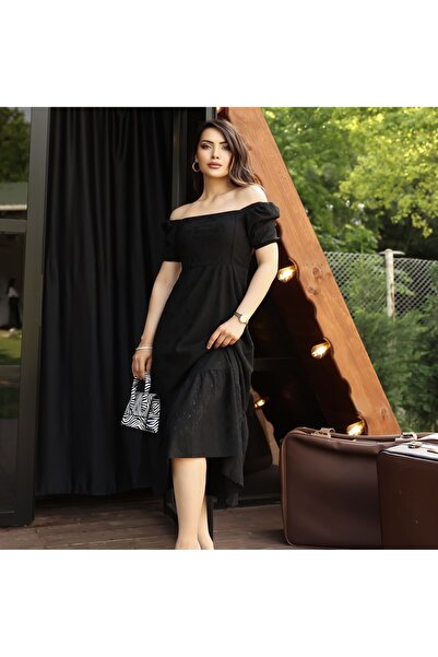 Butik Fisto Kumaş Detaylı Kare Yaka elbise