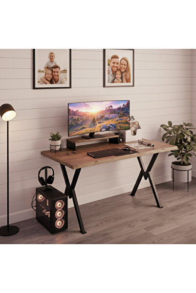 Modüler Ekipman %100 Masif Ladin Ağacı 120x60 Oyuncu Çalışma Masası Metal X Ayaklı ve Ekran Yükseltici Raf